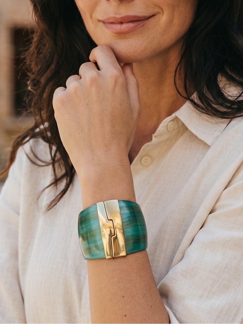 Alexis Bittar Teal Lucite and 14k Gold Plated Hinged Cuff Bracelet and Dustbag - Picture 4 of 13